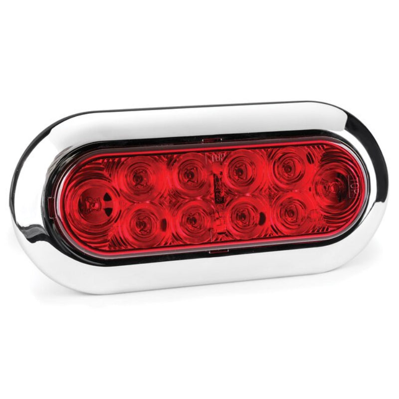 An oval-shaped red LED trailer or vehicle light with a polished chrome silver bezel