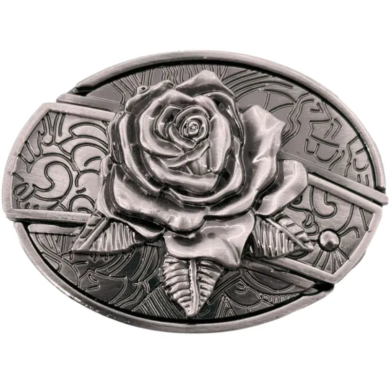 Western silver belt buckle featuring an embossed rose design and filigree scrollwork, with a concealed folding knife.