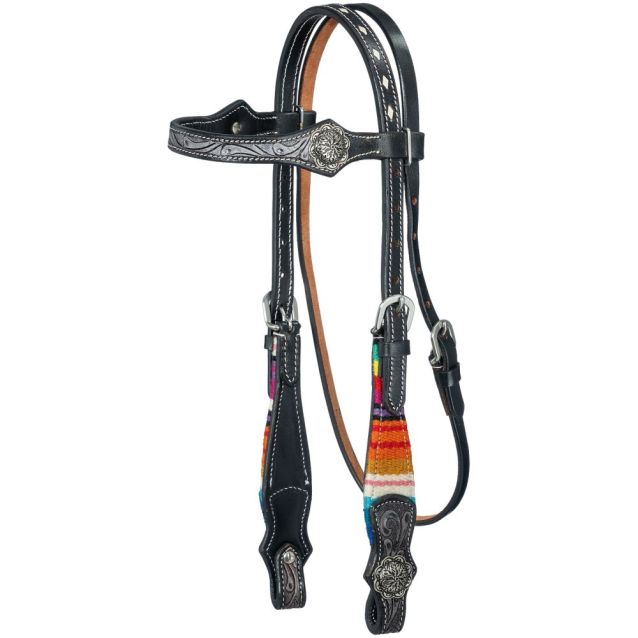 A side-angle product view of a Royal King miniature horse browband headstall made of black leather, featuring vibrant woven serape cheekpieces, intricate hand-tooled detailing, white buckstitching, and an antiqued silver concho.
