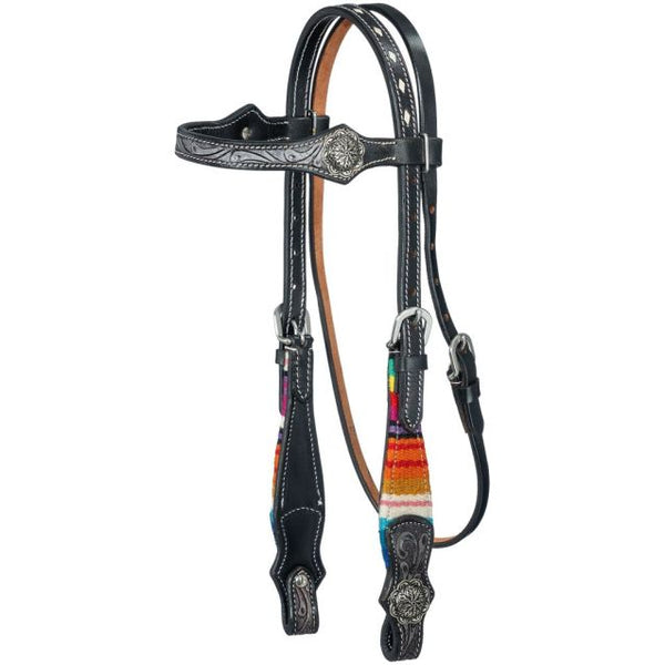 A side-angle product view of a Royal King miniature horse browband headstall made of black leather, featuring vibrant woven serape cheekpieces, intricate hand-tooled detailing, white buckstitching, and an antiqued silver concho.