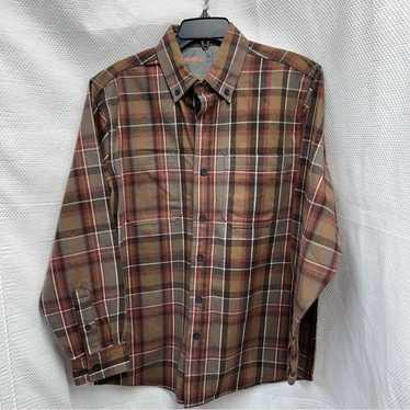 Plaid shirt on a hanger against a white background