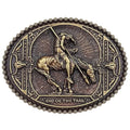 Bronze belt buckle with a Native American design and 'End of the Trail' text on a white background