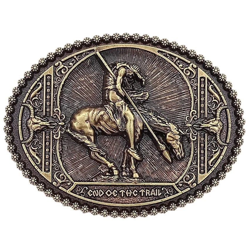 Bronze belt buckle with a Native American design and 'End of the Trail' text on a white background