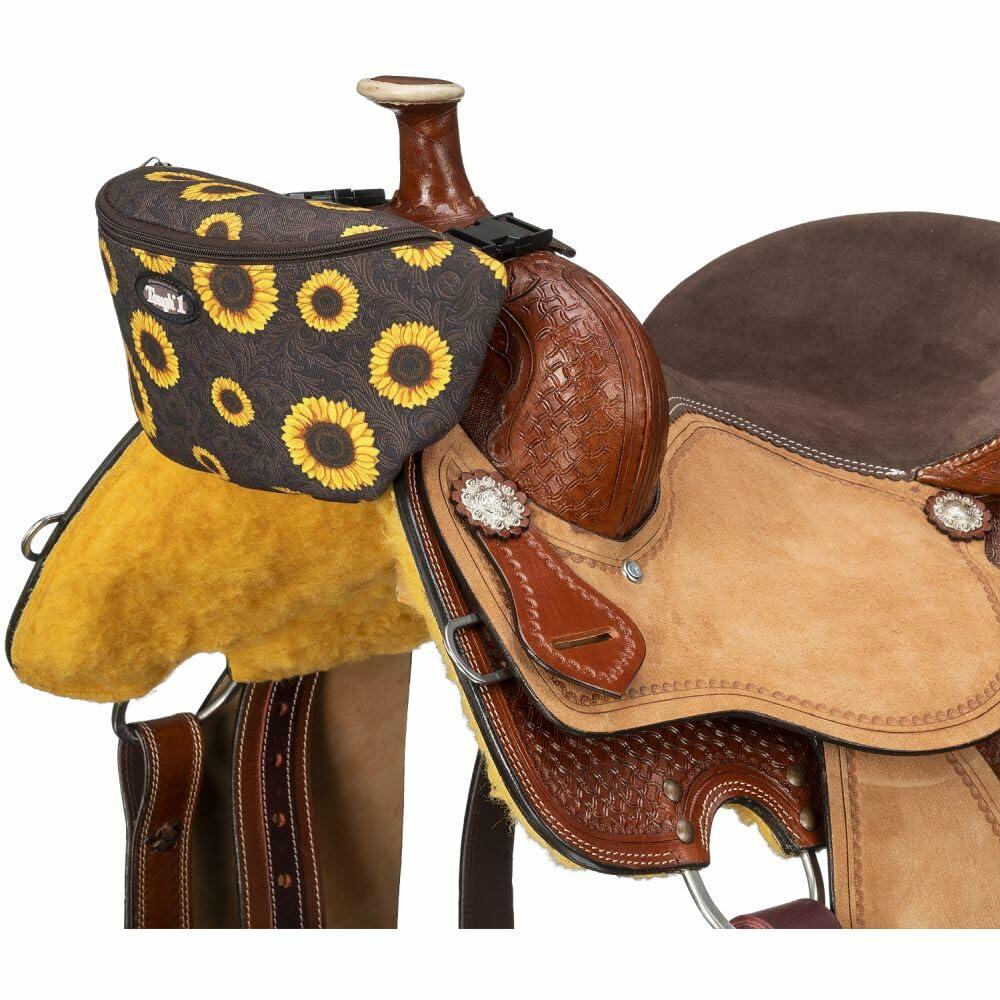 Close-up of sunflower tooled nylon saddle pouch showing zipper top and clip straps