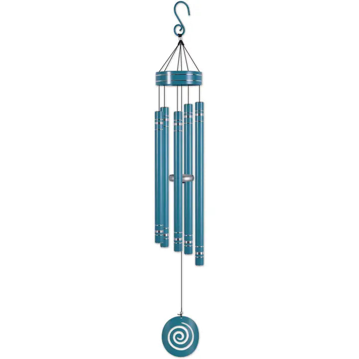 Blue wind chime with a spiral design 