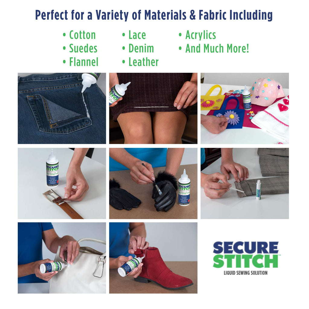 Advertisement for Secure Stitch liquid sewing solution showing its use on various materials and fabrics.