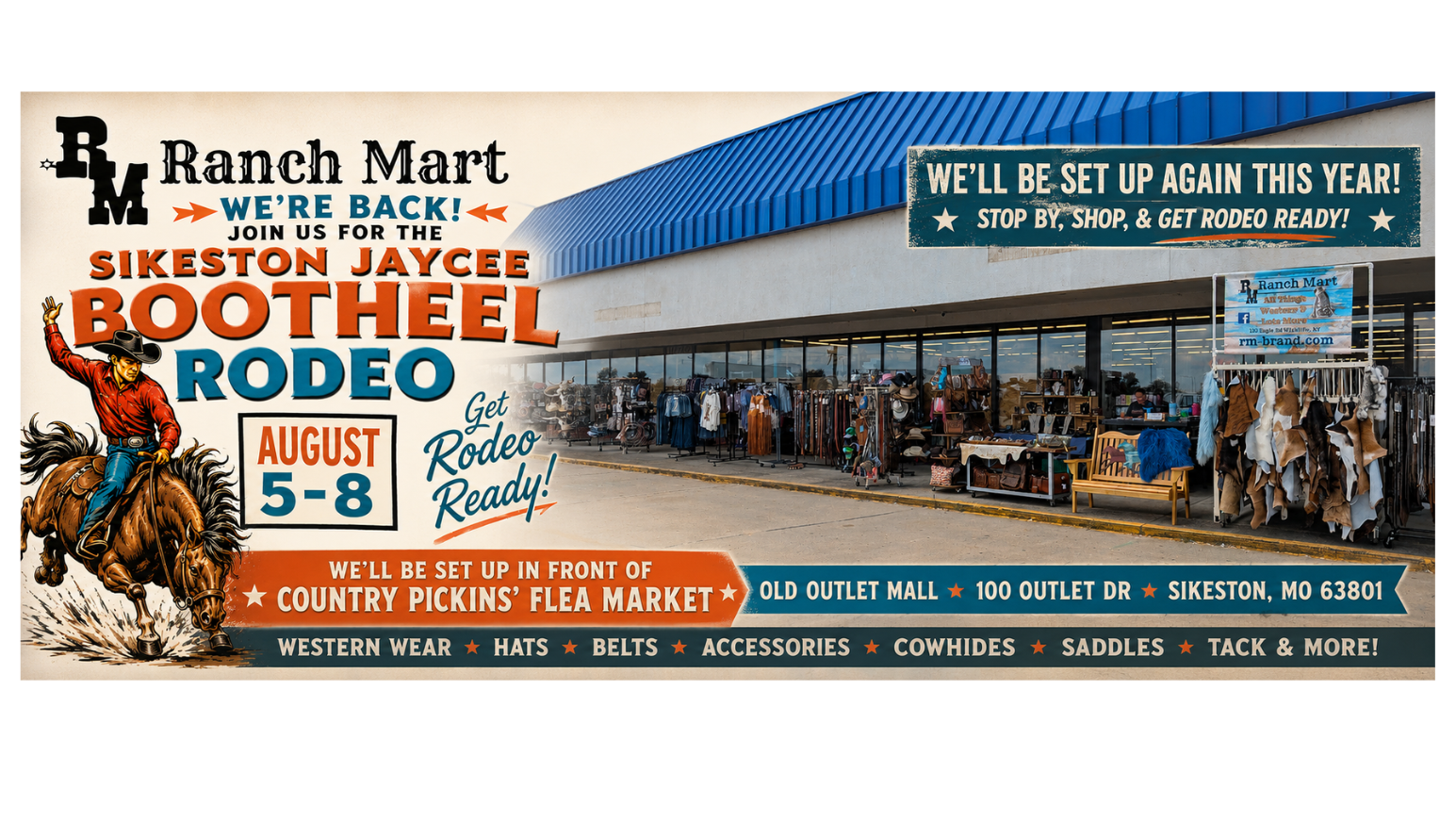 Ranch Mart Western Wear storefront display at Country Pickins' Flea Market for the Sikeston Jaycee Bootheel Rodeo, featuring cowhides, cowboy hats, saddles, and western apparel.