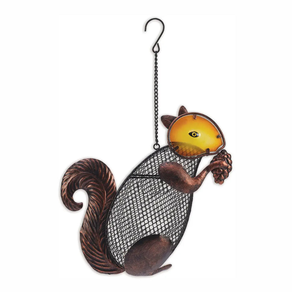Decorative metal squirrel with a pine cone bird feeder