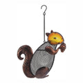 Decorative metal squirrel with a pine cone bird feeder