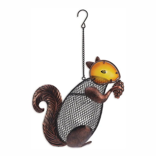 Decorative metal squirrel with a pine cone bird feeder
