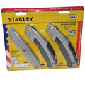 A package of three Stanley retractable utility knives in a yellow retail blister pack with red and blue trim. The package includes one classic 9-inch knife and two instant-change knives.