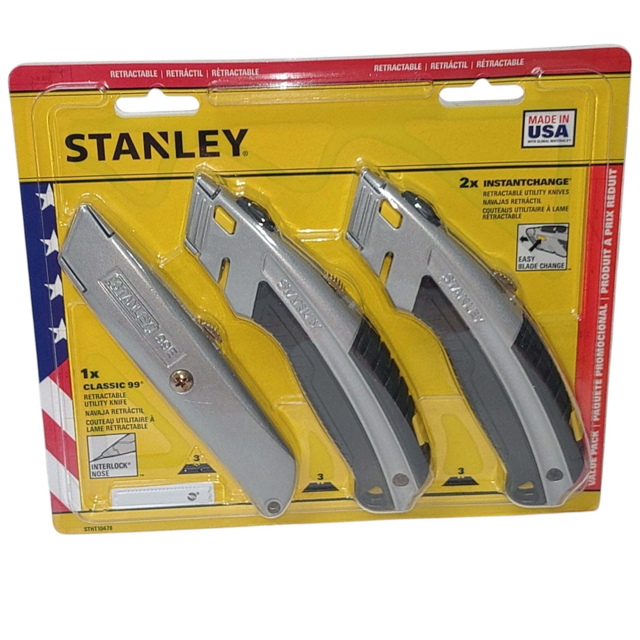 A package of three Stanley retractable utility knives in a yellow retail blister pack with red and blue trim. The package includes one classic 9-inch knife and two instant-change knives.