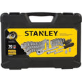 Stanley 70-piece socket set in a black plastic carrying case with a yellow and black front label. The label features the prominent Stanley brand name and illustrations of the included sockets and tools.