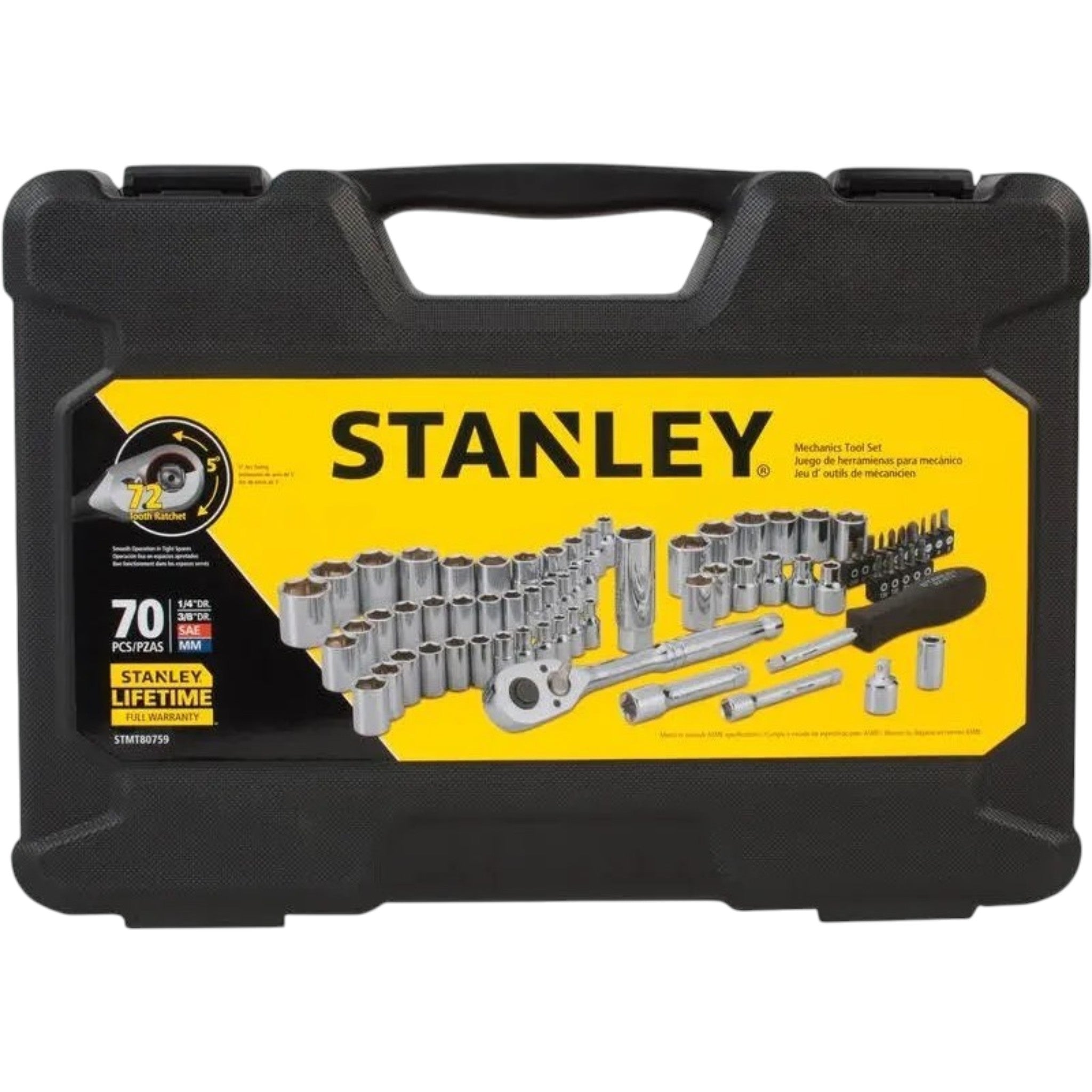 Stanley 70-piece socket set in a black plastic carrying case with a yellow and black front label. The label features the prominent Stanley brand name and illustrations of the included sockets and tools.