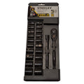 Stanley Black Chrome 22-piece socket set in its original retail packaging, featuring a 1/4-inch ratchet, extension bar, and various socket bits.