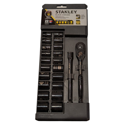 Stanley Black Chrome 22-piece socket set in its original retail packaging, featuring a 1/4-inch ratchet, extension bar, and various socket bits.