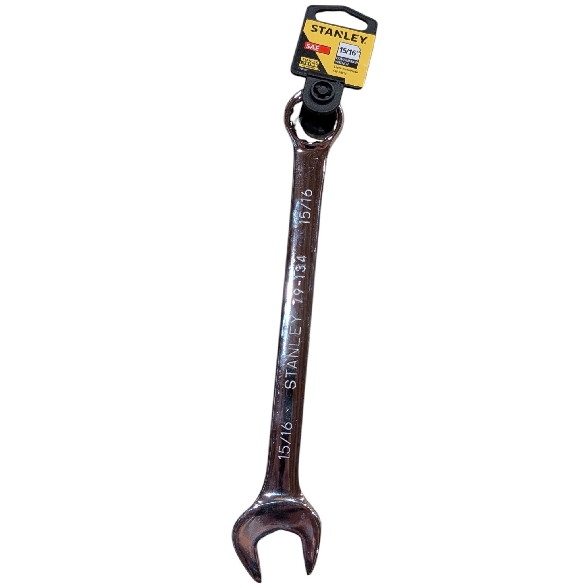 A Stanley 15/16-inch combination wrench with a dark metallic finish, shown with its original yellow and black retail packaging header card against a plain white background.