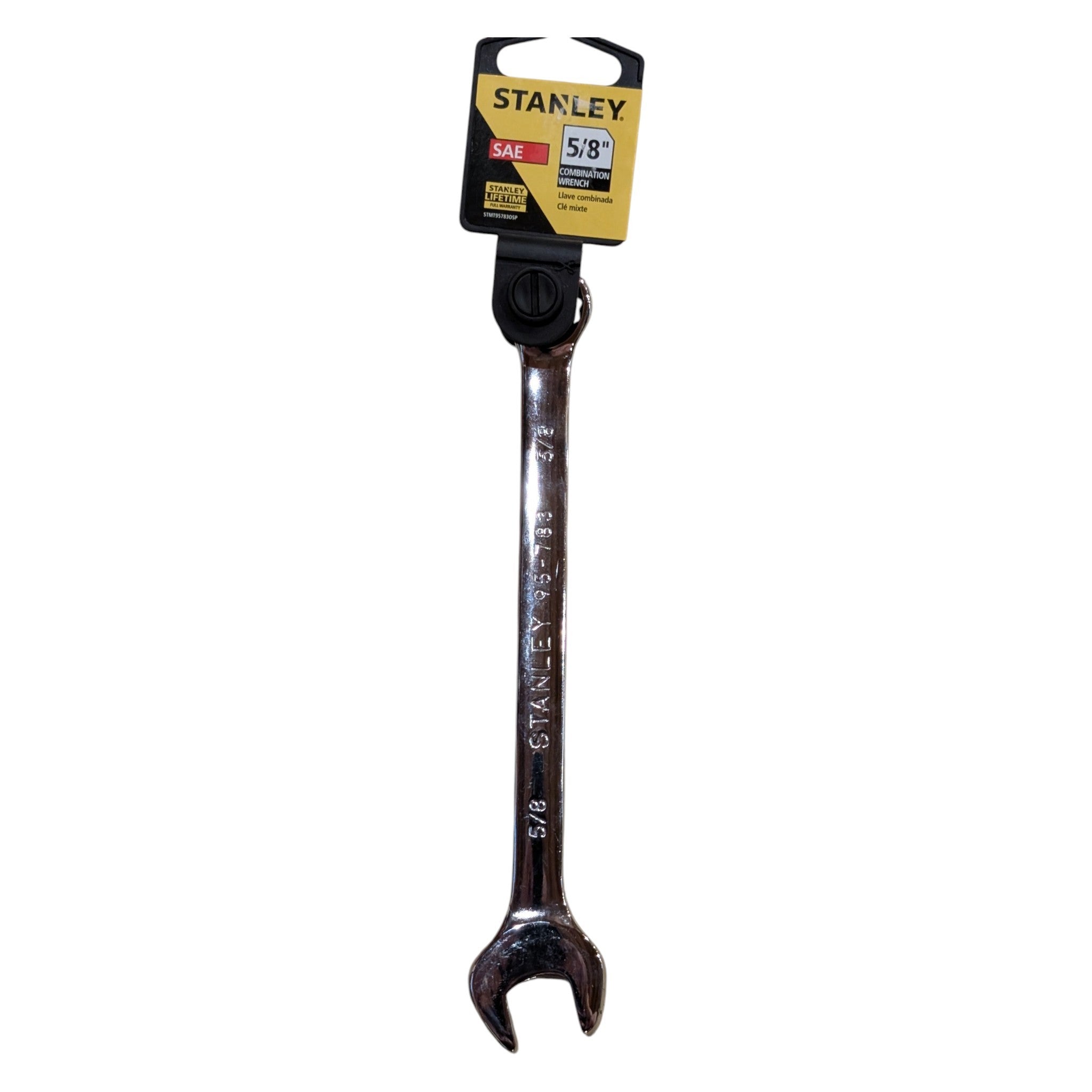 A Stanley 5/8" x 1/8" combination wrench with a black and yellow cardboard header card, shown against a plain white background.
