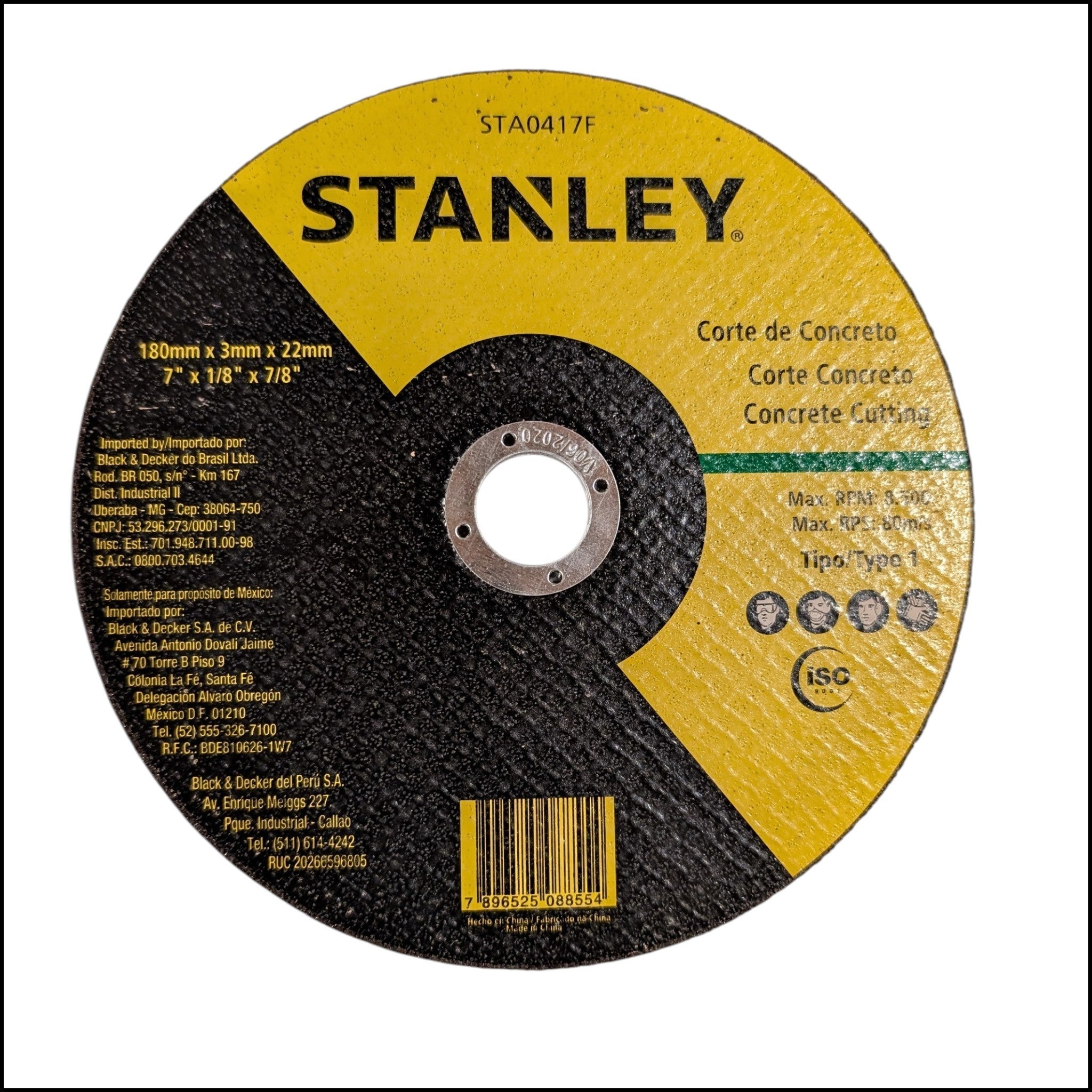 A circular concrete cutting disc by Stanley, featuring a black and yellow color scheme with Spanish text indicating concrete cutting capabilities and a central metal mounting hole.