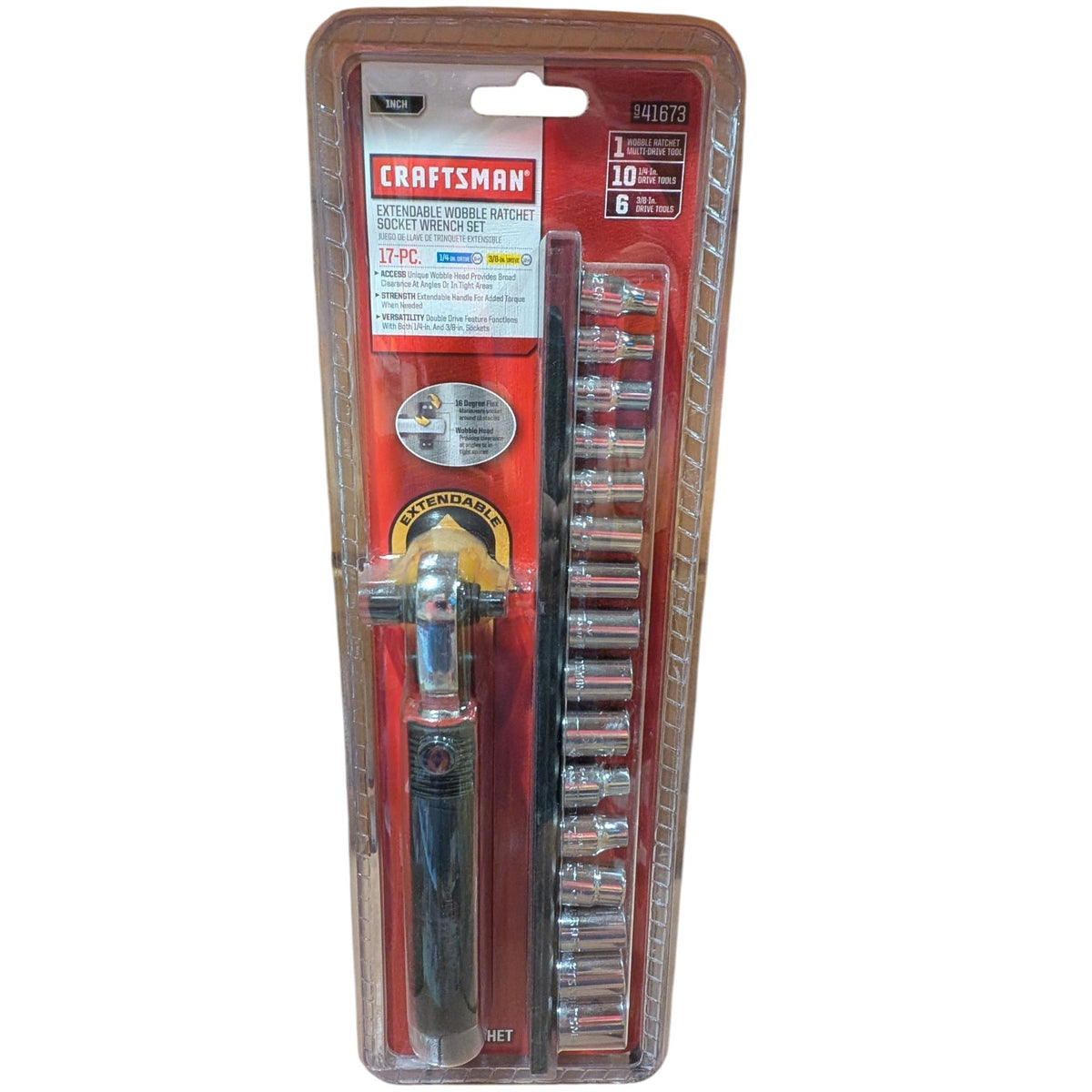 Craftsman 17-piece extendable wobble ratchet socket wrench set package with 1/4 inch and 3/8 inch drive sockets