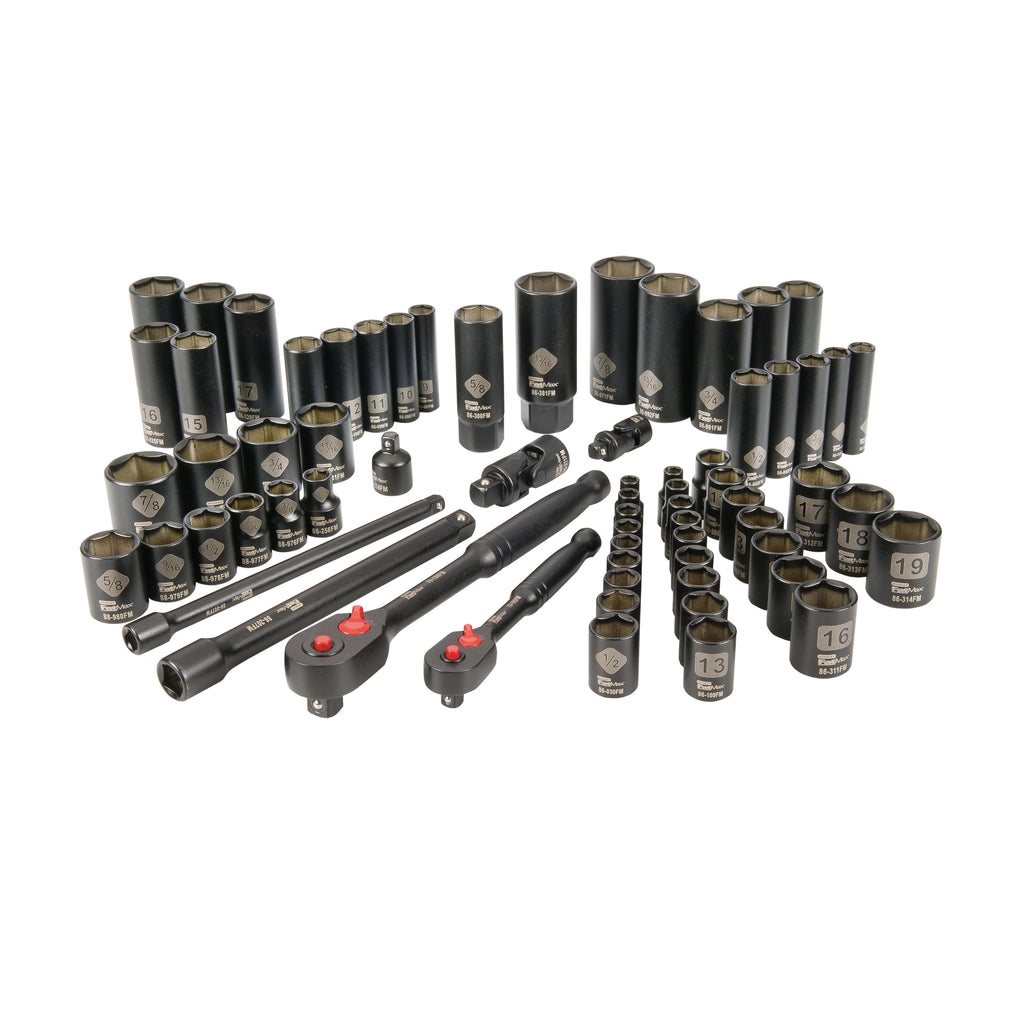 Stanley FatMax matte black polished chrome sockets, ratchets, and extension bars displayed on a white background.