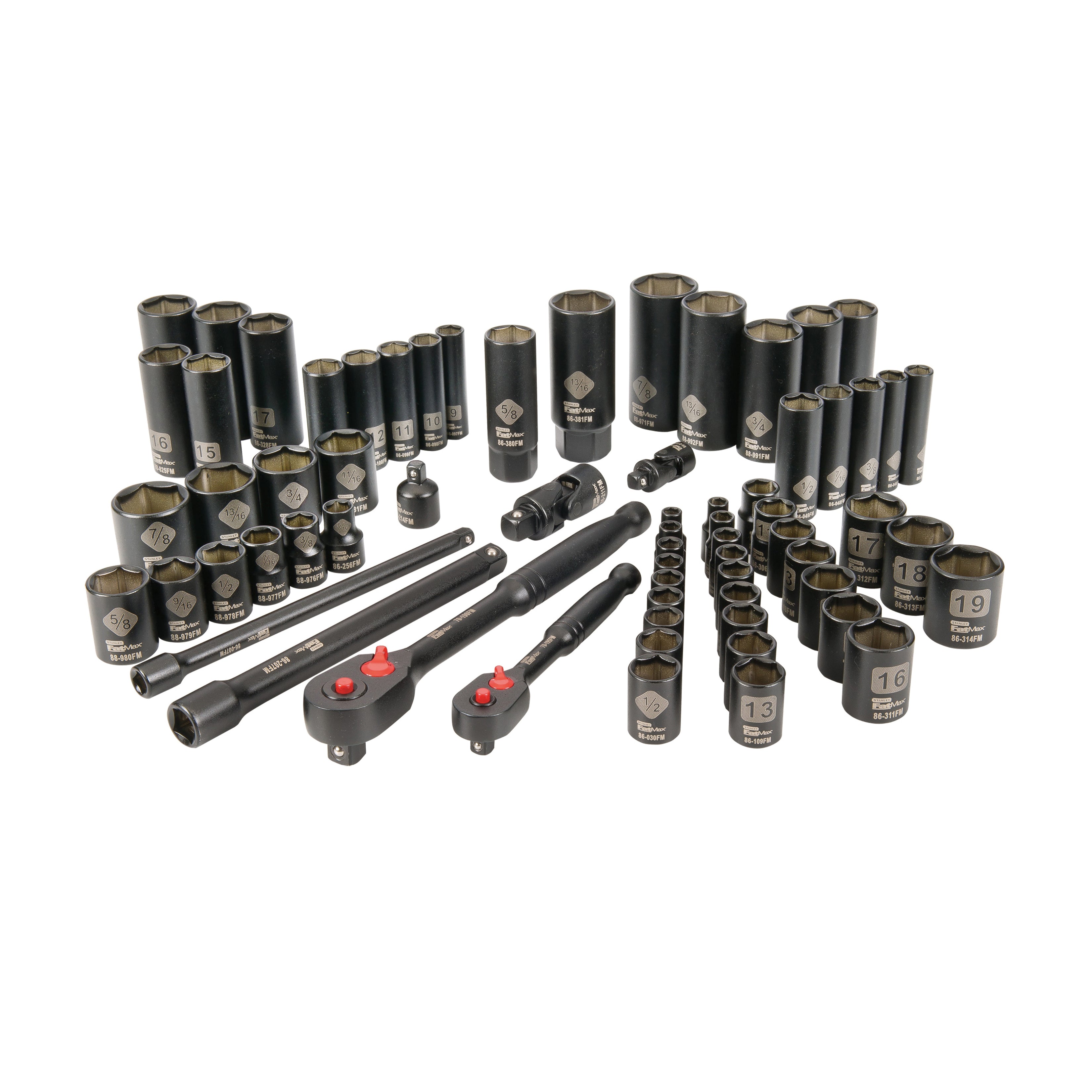 Stanley FatMax matte black polished chrome sockets, ratchets, and extension bars displayed on a white background.