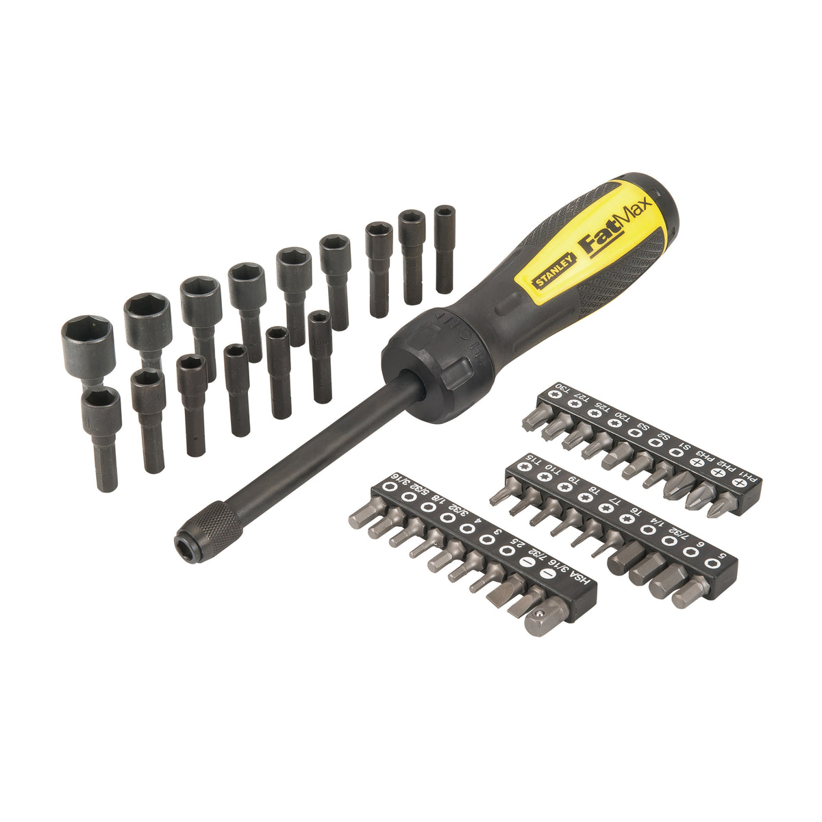 Stanley FatMax black spinner handle driver with extension bar, deep sockets, and organized rows of driver bits on a white background.