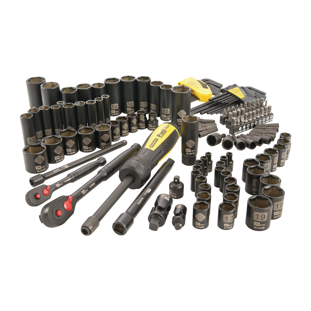 Stanley FatMax 141-Piece SAE and Metric Mechanics Tool Set featuring ratchets, sockets, drive tools, hex keys, and driver bits laid out on a white background.