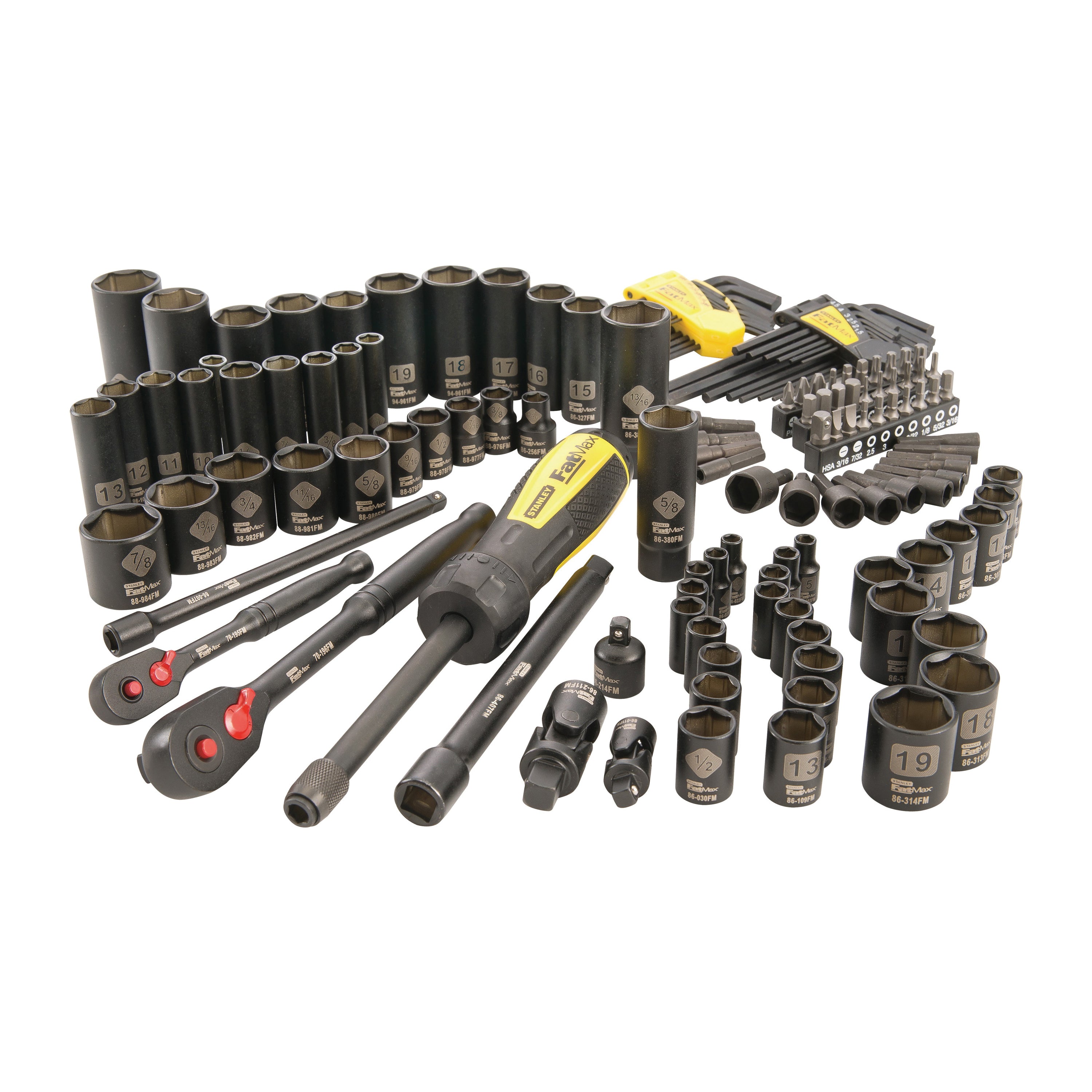 Stanley FatMax 141-Piece SAE and Metric Mechanics Tool Set featuring ratchets, sockets, drive tools, hex keys, and driver bits laid out on a white background.