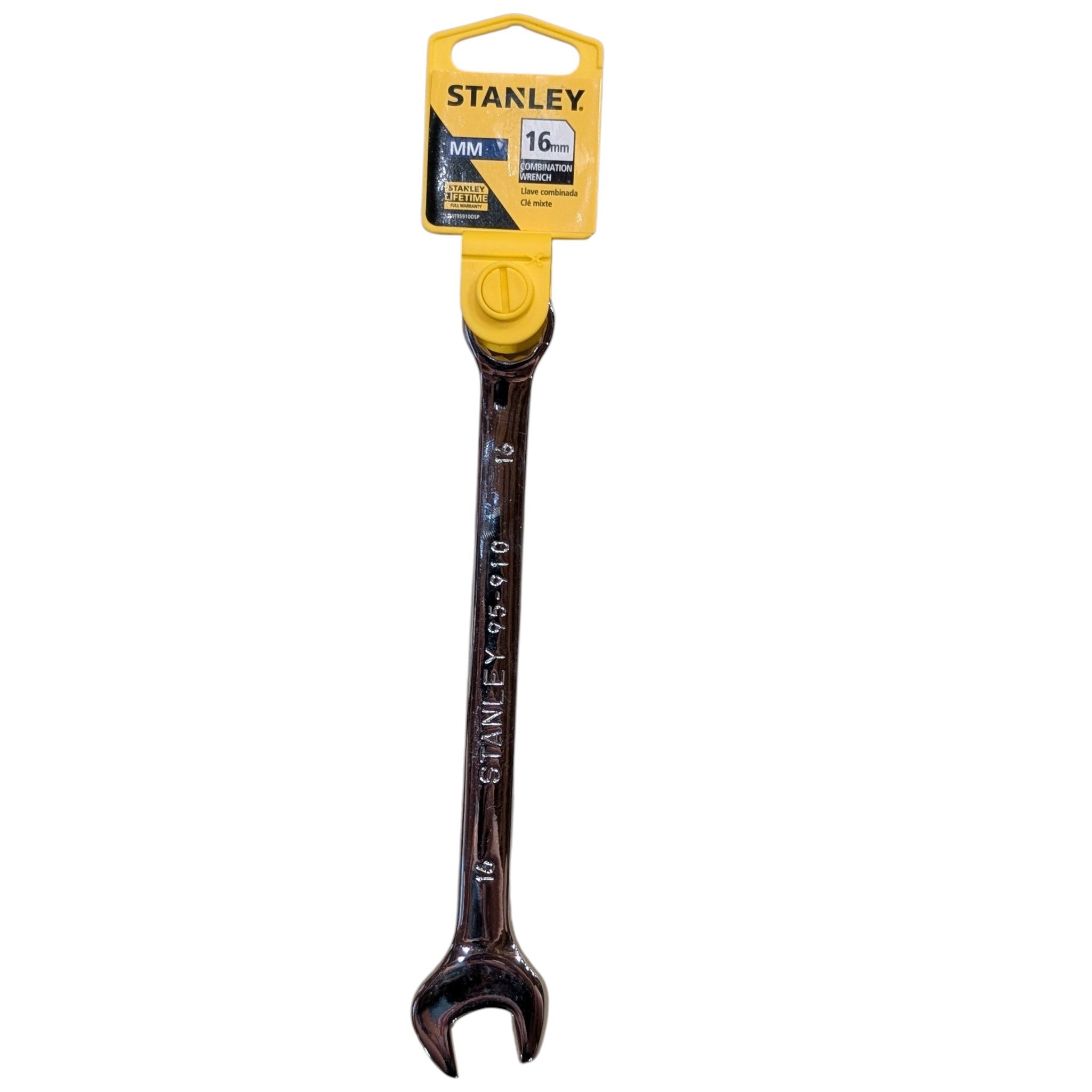 A Stanley 16-inch combination wrench with a yellow and black retail header card, shown against a plain white background.