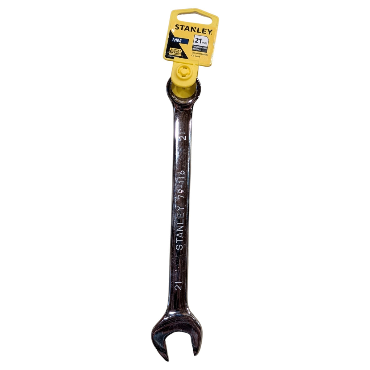 A Stanley 21mm  wrench with a metallic finish, attached to its yellow and black retail hanging tag against a plain white background.