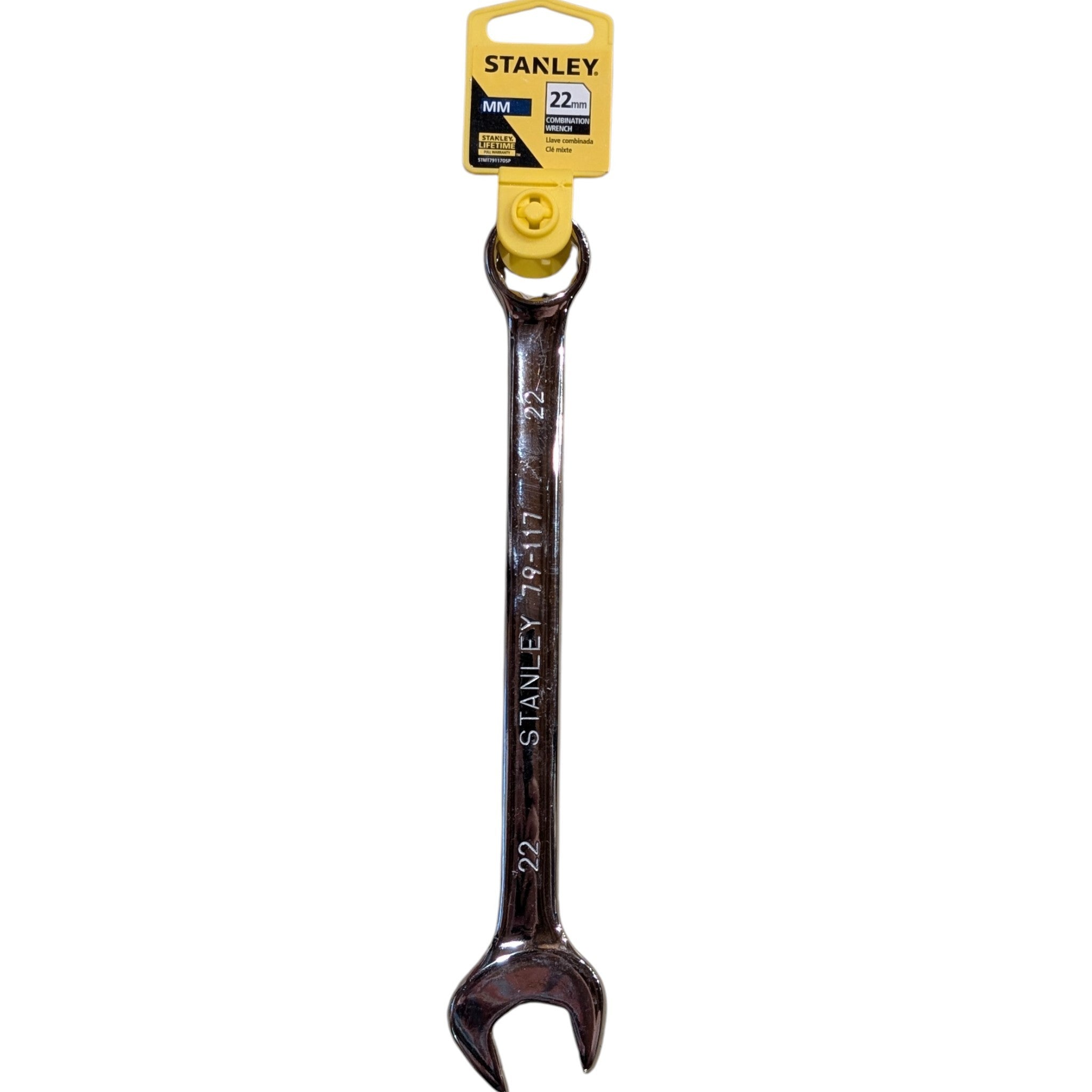 A Stanley 22mm combo wrench with a  metallic finish, hanging from its original yellow and black retail packaging header on a plain white background.