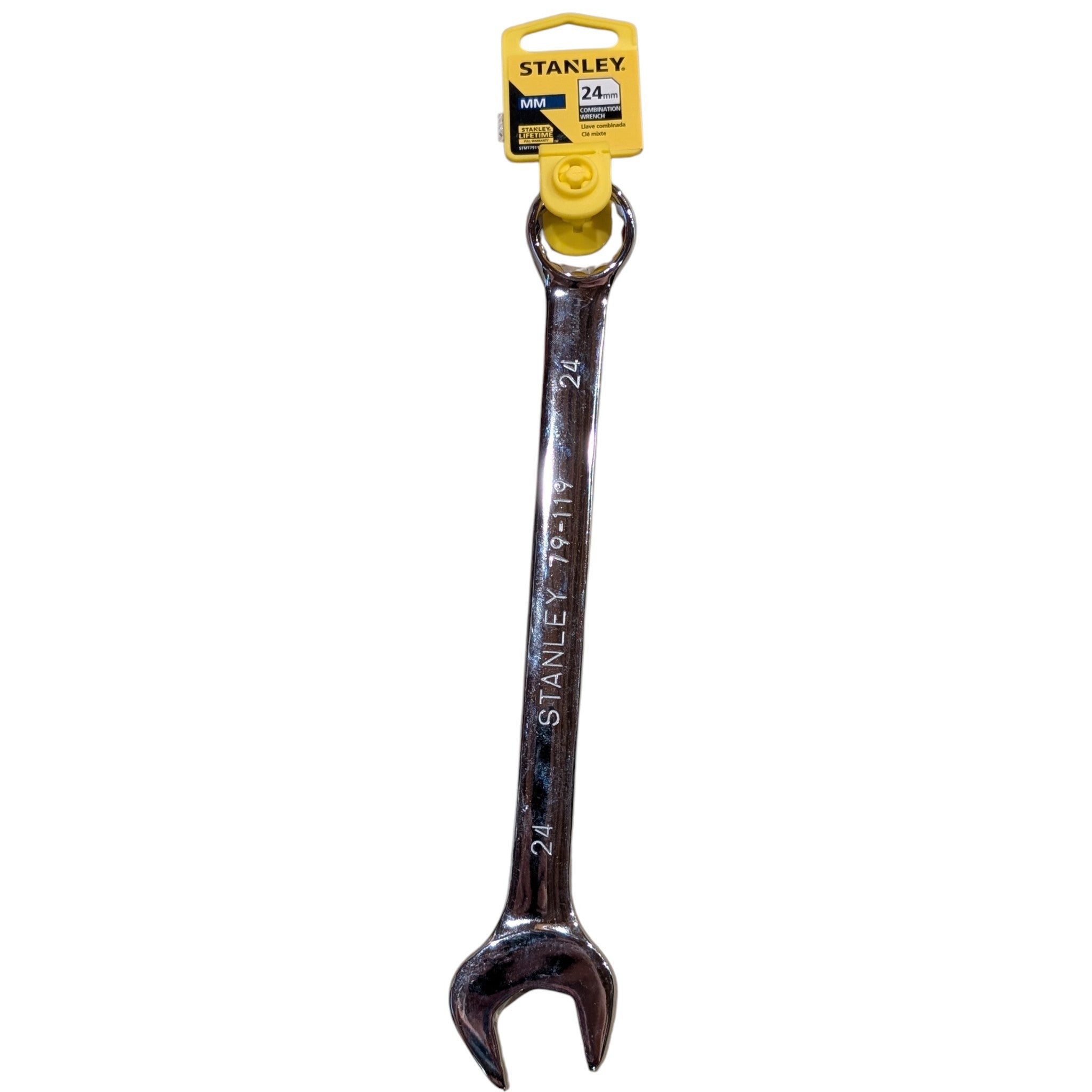 A 24mm Stanley double-ended wrench in a  metallic finish, hanging from its original yellow and black retail packaging header on a plain white background.