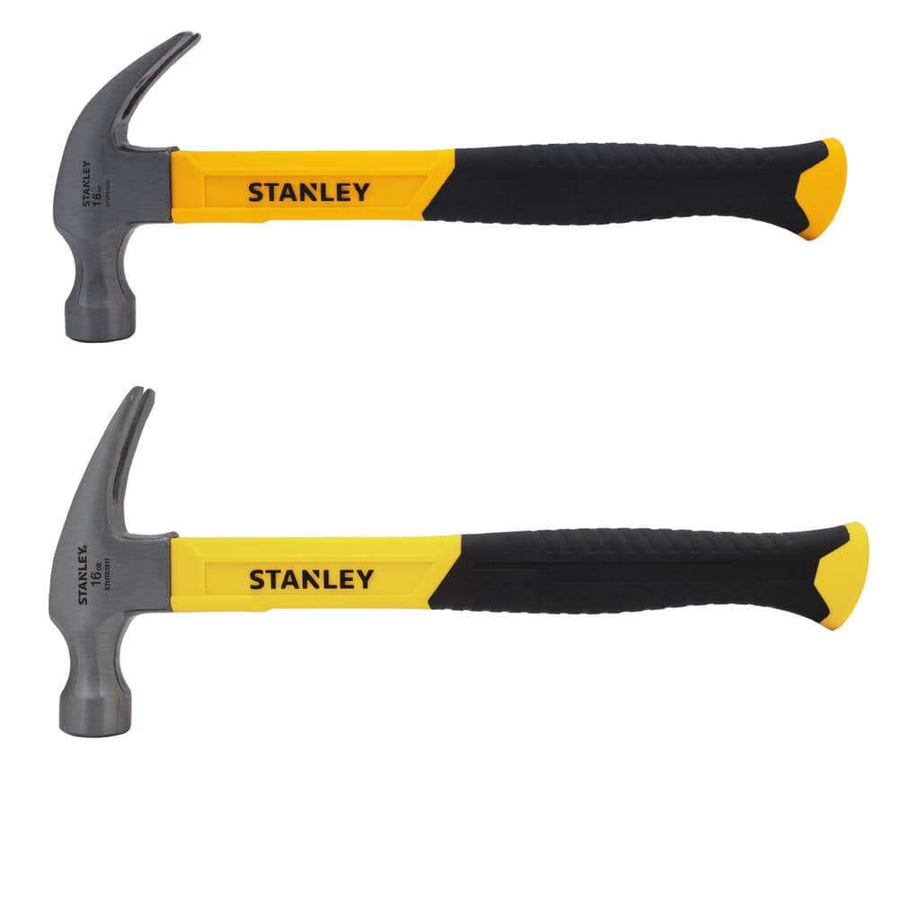 Two Stanley 16oz hammers with black and yellow handles on a white background