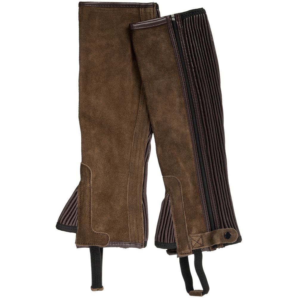 A pair of brown suede half chaps with stretch pleated side panels 