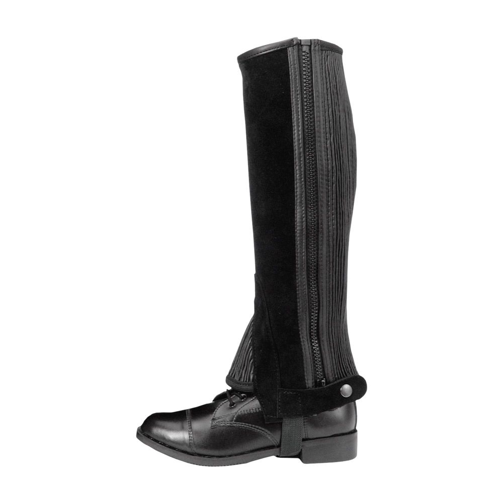 Showing the black suede half chaps on a boot