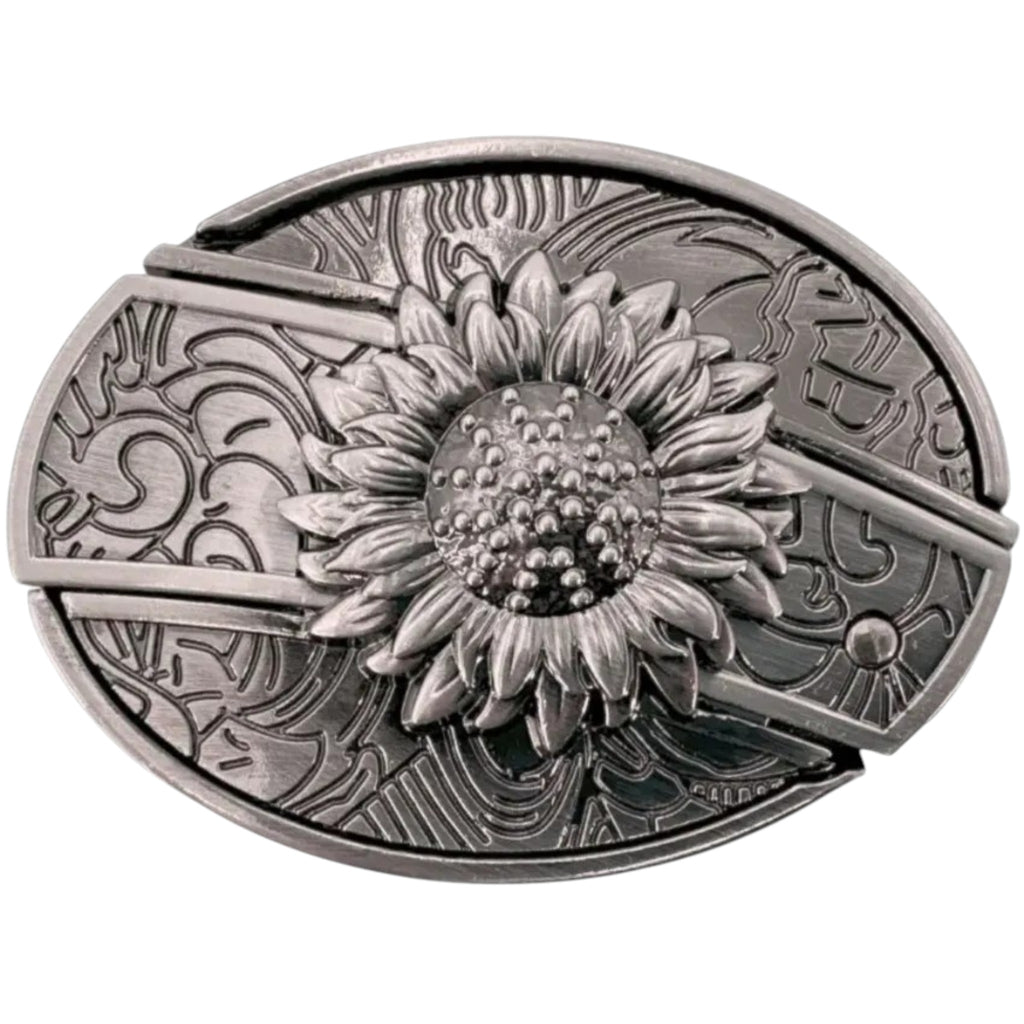 Antique silver oval Western belt buckle featuring a detailed 3D sunflower centerpiece surrounded by engraved scrollwork.