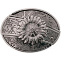 Antique silver oval Western belt buckle featuring a detailed 3D sunflower centerpiece surrounded by engraved scrollwork.