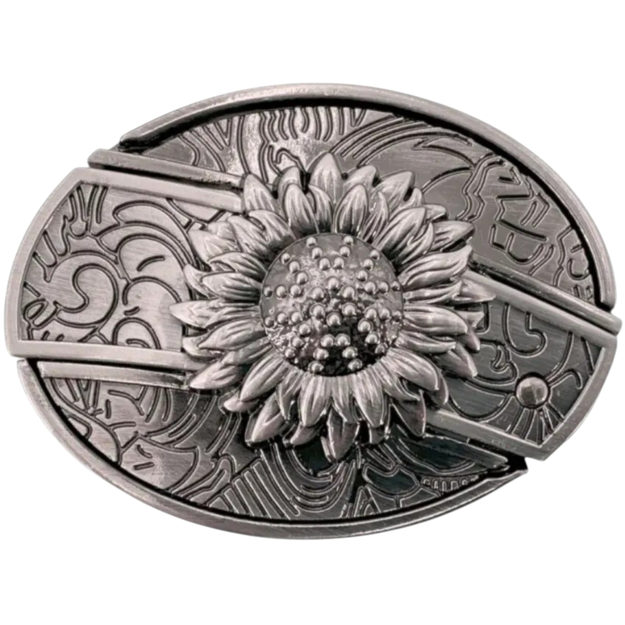 Antique silver oval Western belt buckle featuring a detailed 3D sunflower centerpiece surrounded by engraved scrollwork.