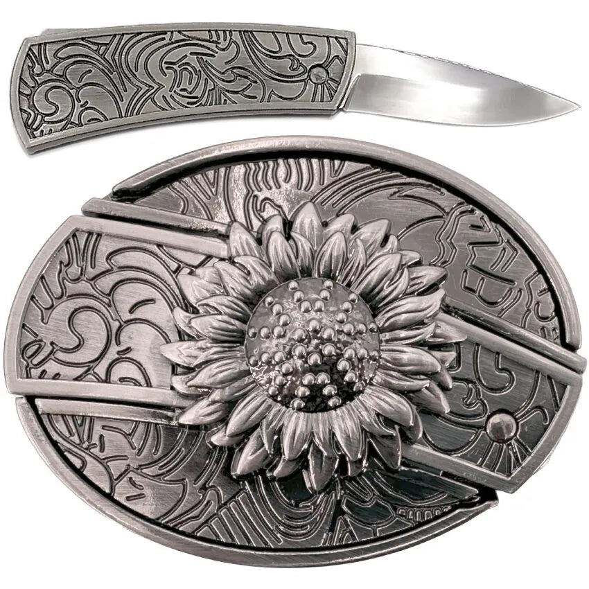 Silver sunflower hidden knife belt buckle with slide-out folding knife detail view.