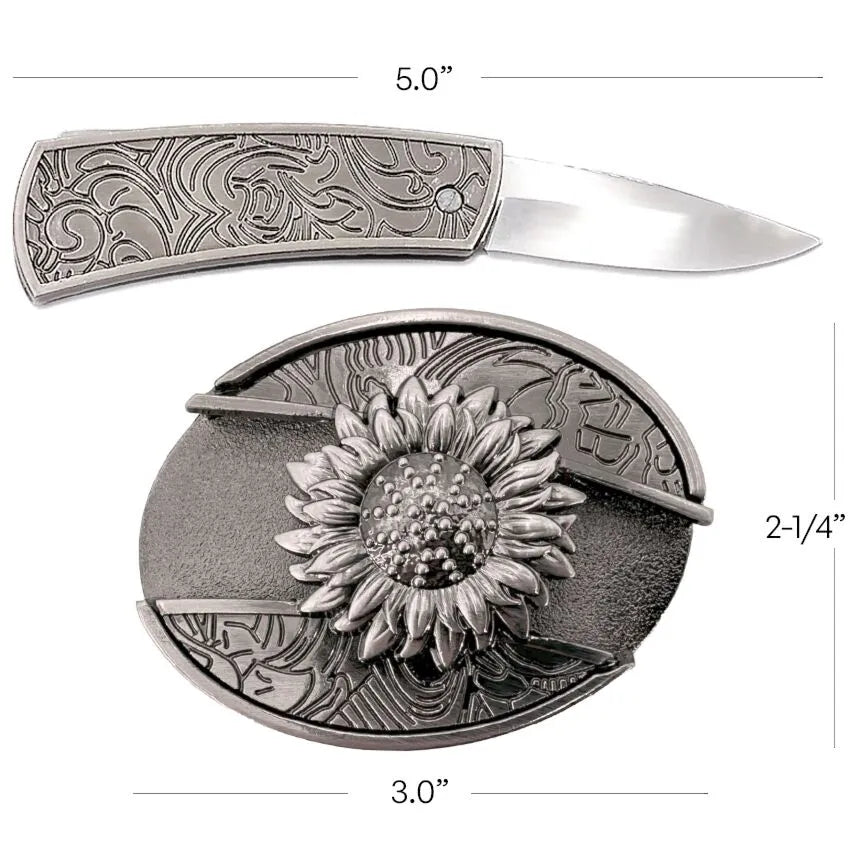 Antique silver Western sunflower belt buckle measuring 3.0 inches wide by 2-1/4 inches high, shown alongside its open 5.0-inch pocket knife.
