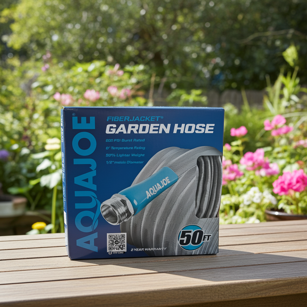 Aqua Joe 50ft Fiberjacket Garden Hose box packaging displayed outdoors on a wooden deck, showing key features including 600 PSI burst rating, 0-degree temperature rating, and 50% lighter weight.