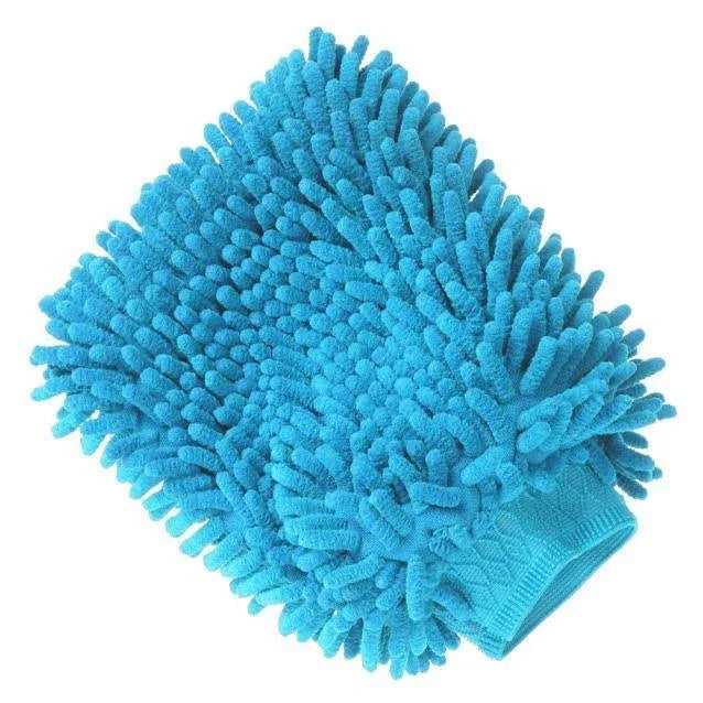 A light blue microfiber cleaning mitt with a textured chenille surface and a knitted wrist strap