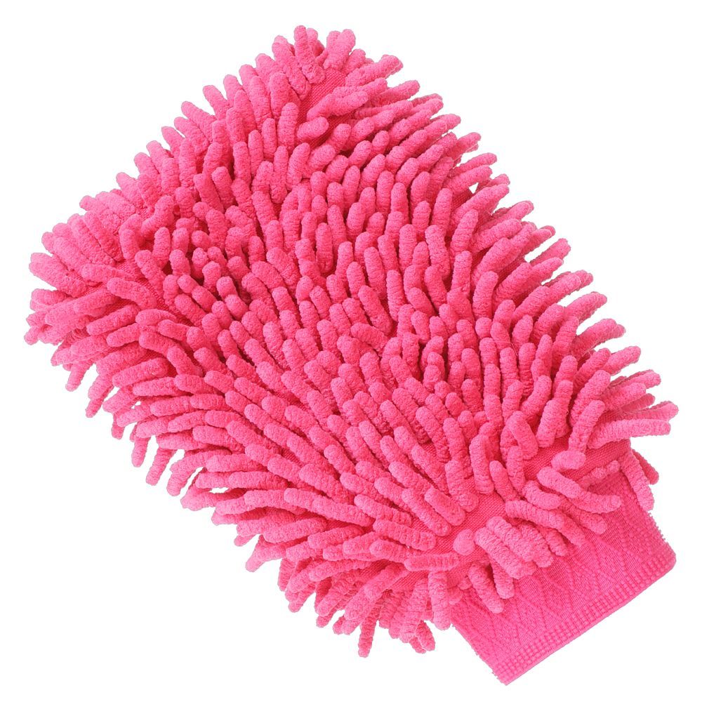 A bright pink microfiber cleaning mitt with a textured chenille surface and a ribbed wrist strap