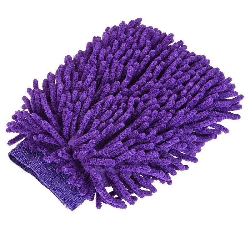 A purple microfiber wash mitt with dense soft bristles and a ribbed wrist strap