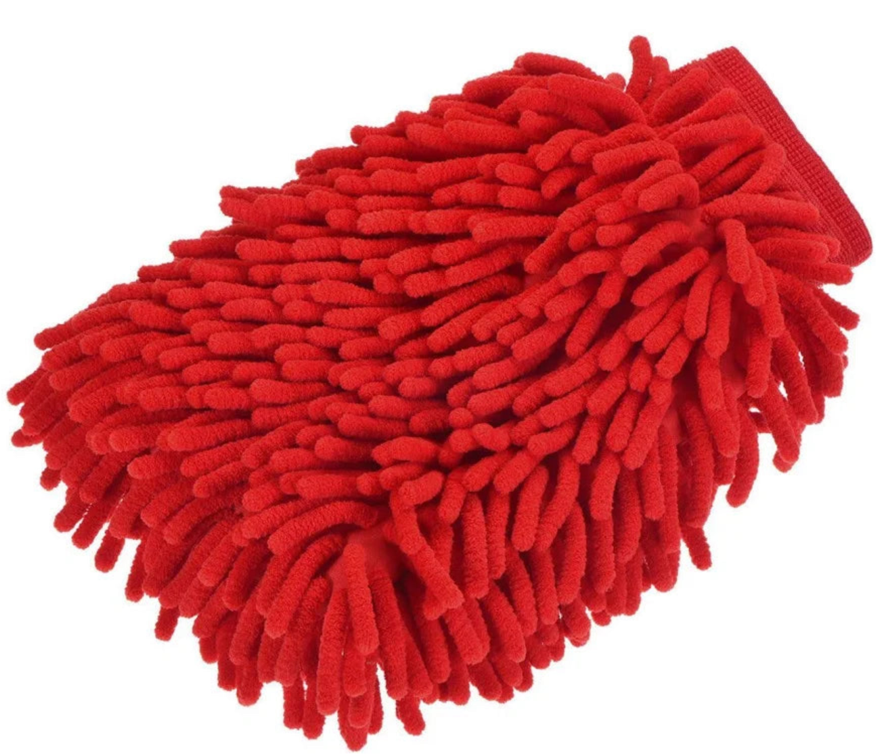 A single red microfiber cleaning glove with a textured chenille-like surface and a red wrist strap