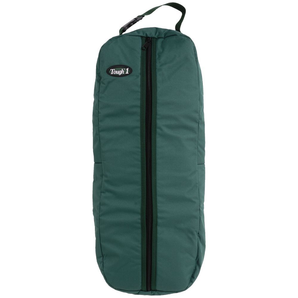 A dark green zippered storage bag with a top carry handle, featuring a black vertical zipper for bridle or halter storage