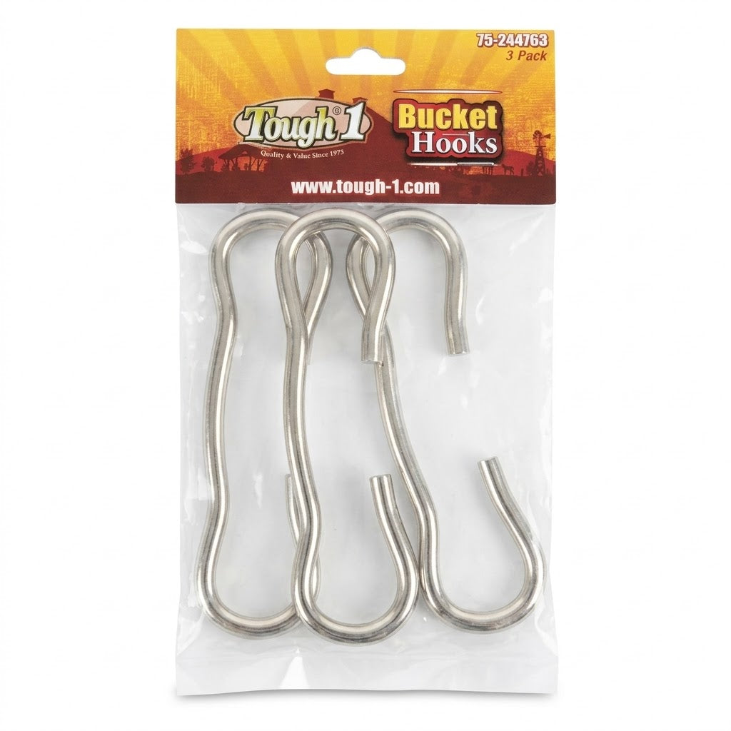 Packaged set of Tough 1 bucket hooks in packaging.