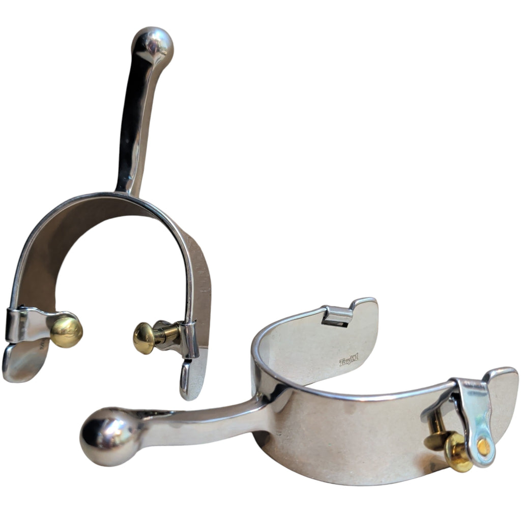 A pair of Tough 1 Stainless steel equitation spurs with a ball instead of a rowel.