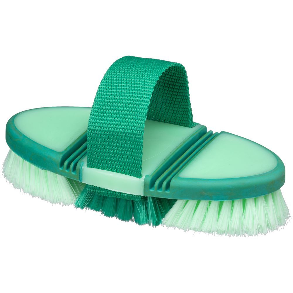 Horse grooming brush, flexes, shown in green with a nylon handle